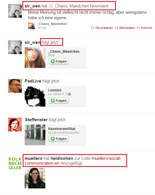 Twitter Aktivitäten Navigation - Retweets, Favoriten, Listen