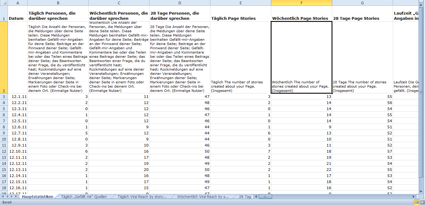 Facebook Fanpage Statistiken - Datenexport Excel